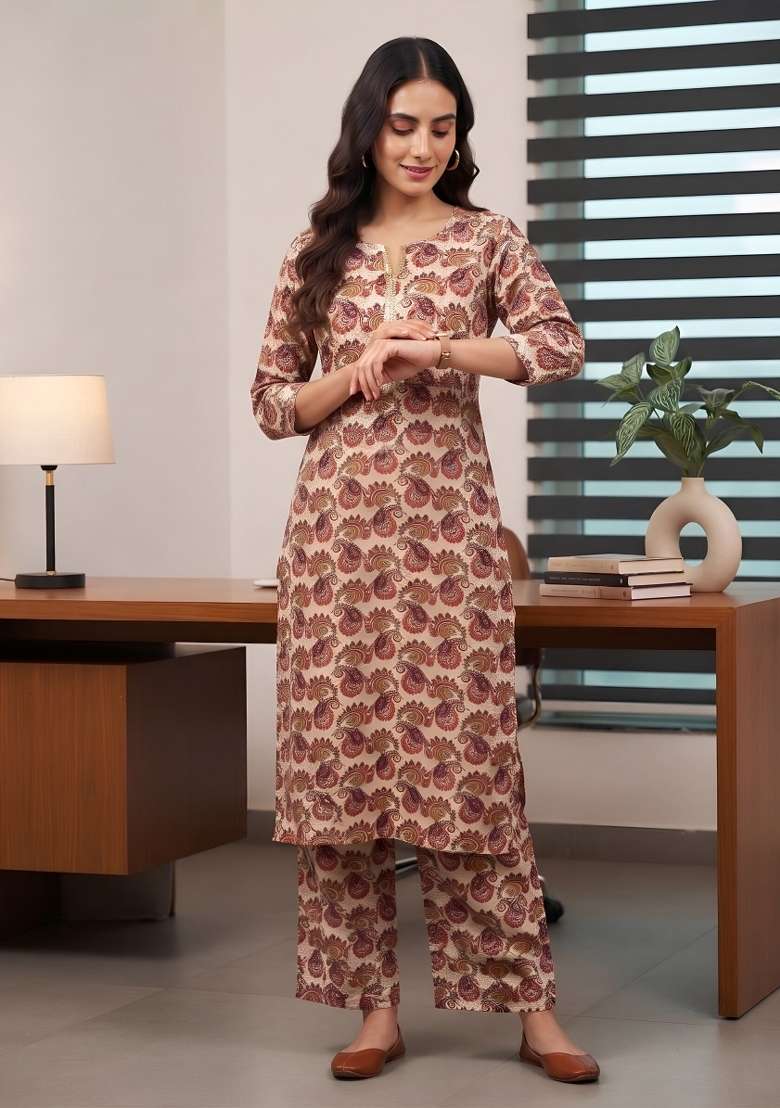Cream  Cotton Kurta Set - Indya