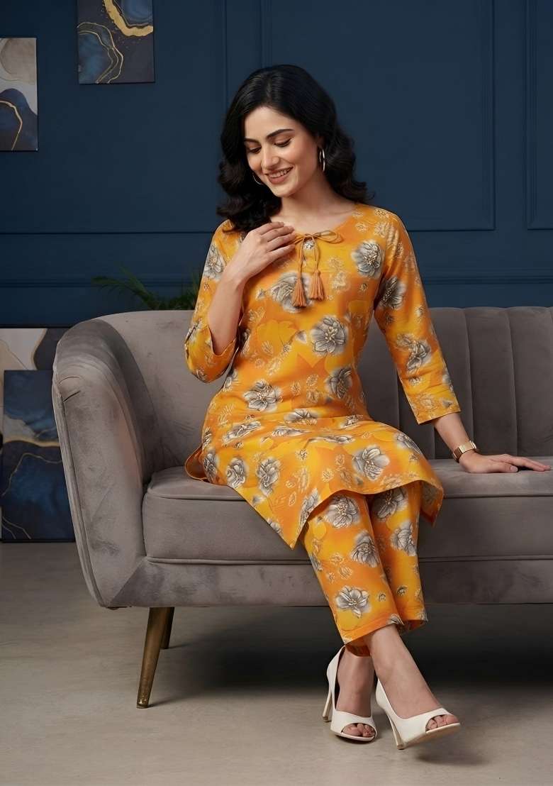 Orange  Cotton Kurta Set - Indya