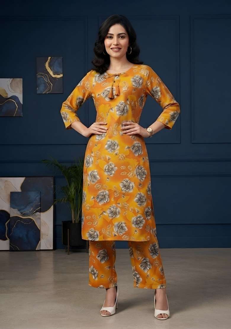Orange  Cotton Kurta Set - Indya