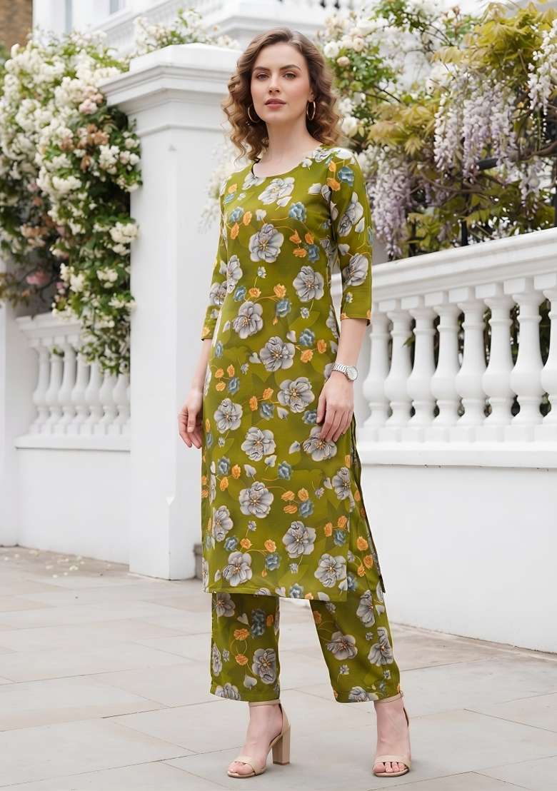 Olive  Cotton Kurta Set - Indya