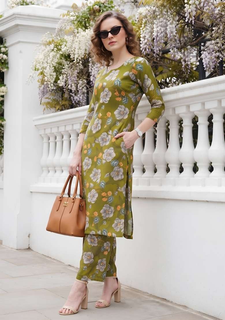 Olive  Cotton Kurta Set - Indya