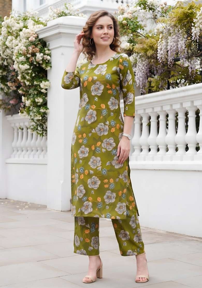Olive  Cotton Kurta Set - Indya