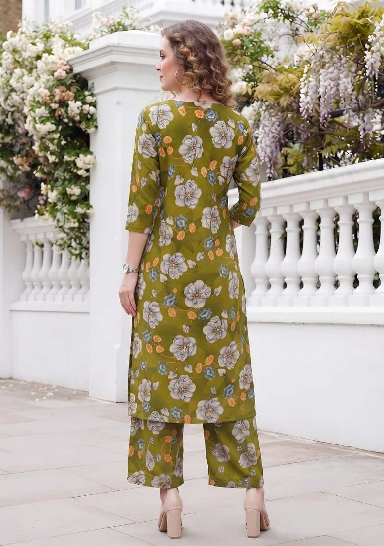 Olive  Cotton Kurta Set - Indya