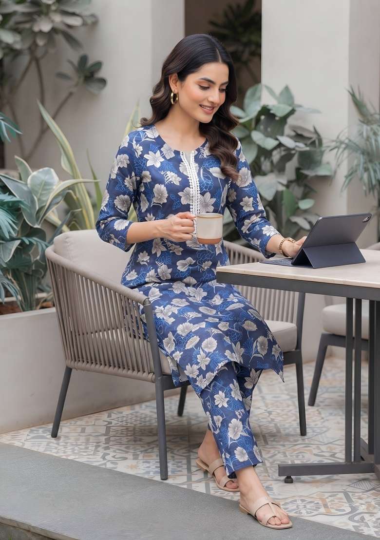 Blue  Cotton Kurta Set - Indya