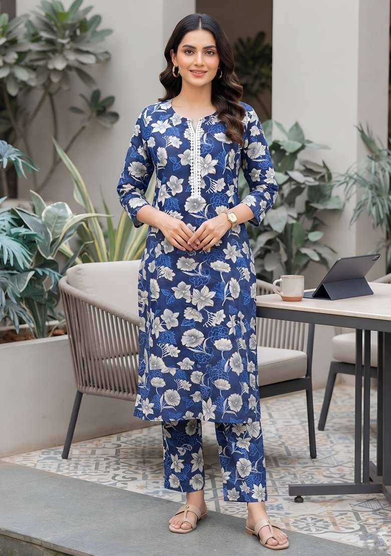Blue  Cotton Kurta Set - Indya