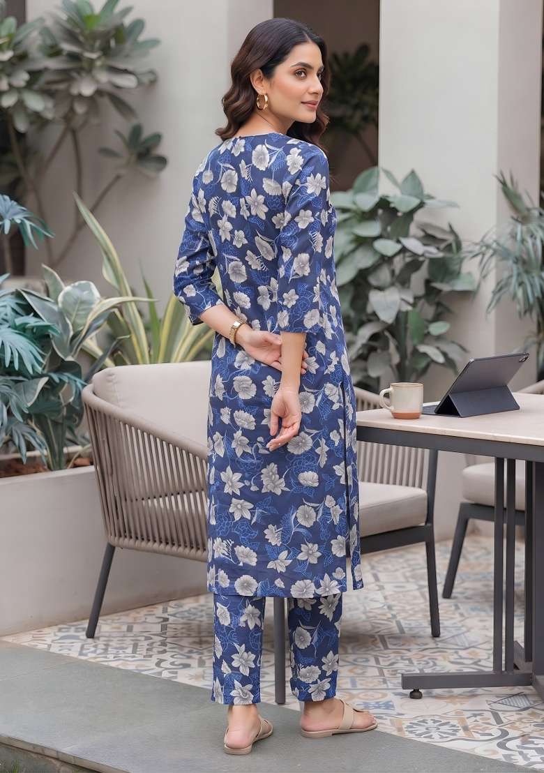 Blue  Cotton Kurta Set - Indya