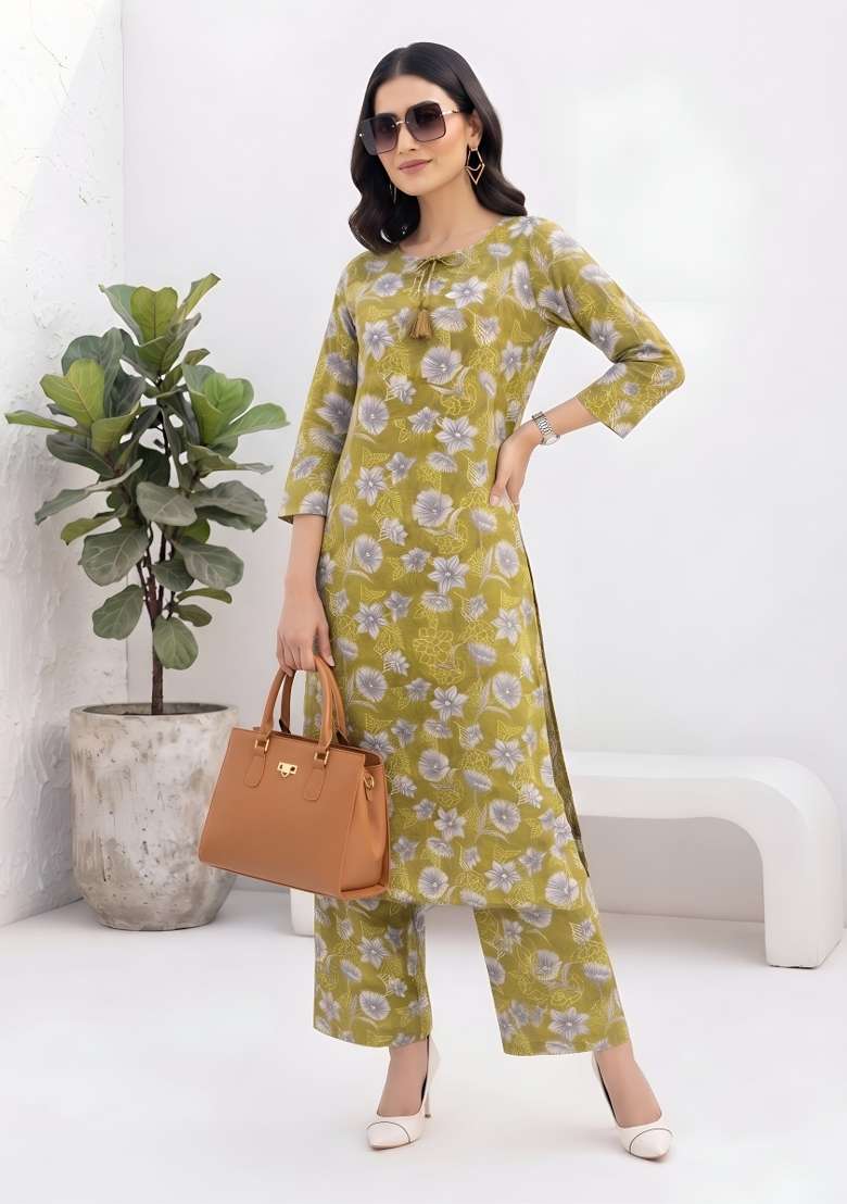 Olive  Cotton Kurta Set - Indya
