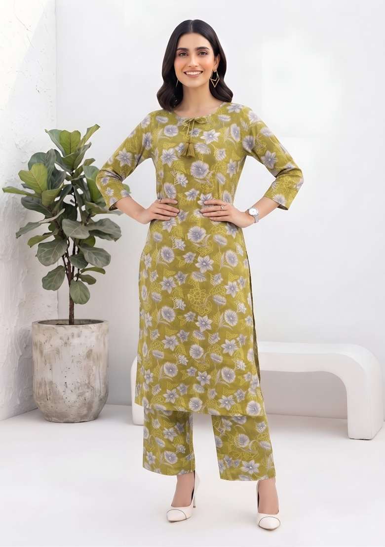 Olive  Cotton Kurta Set - Indya
