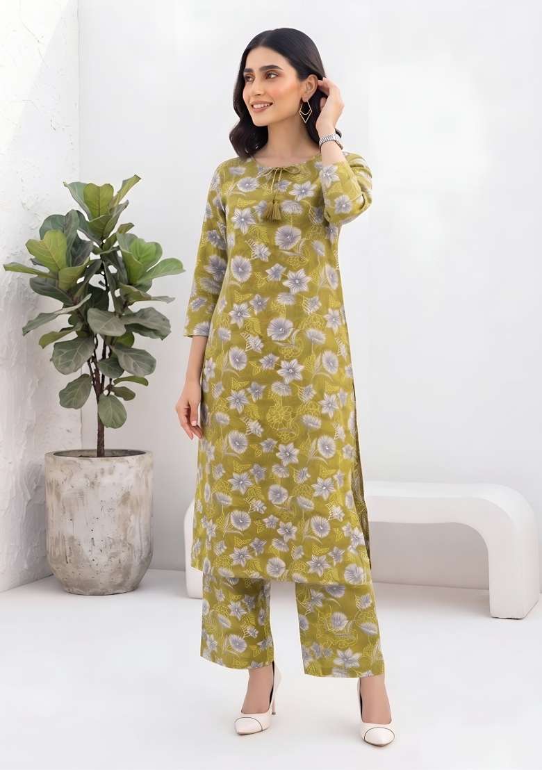 Olive  Cotton Kurta Set - Indya