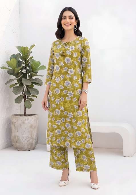 Olive  Cotton Kurta Set