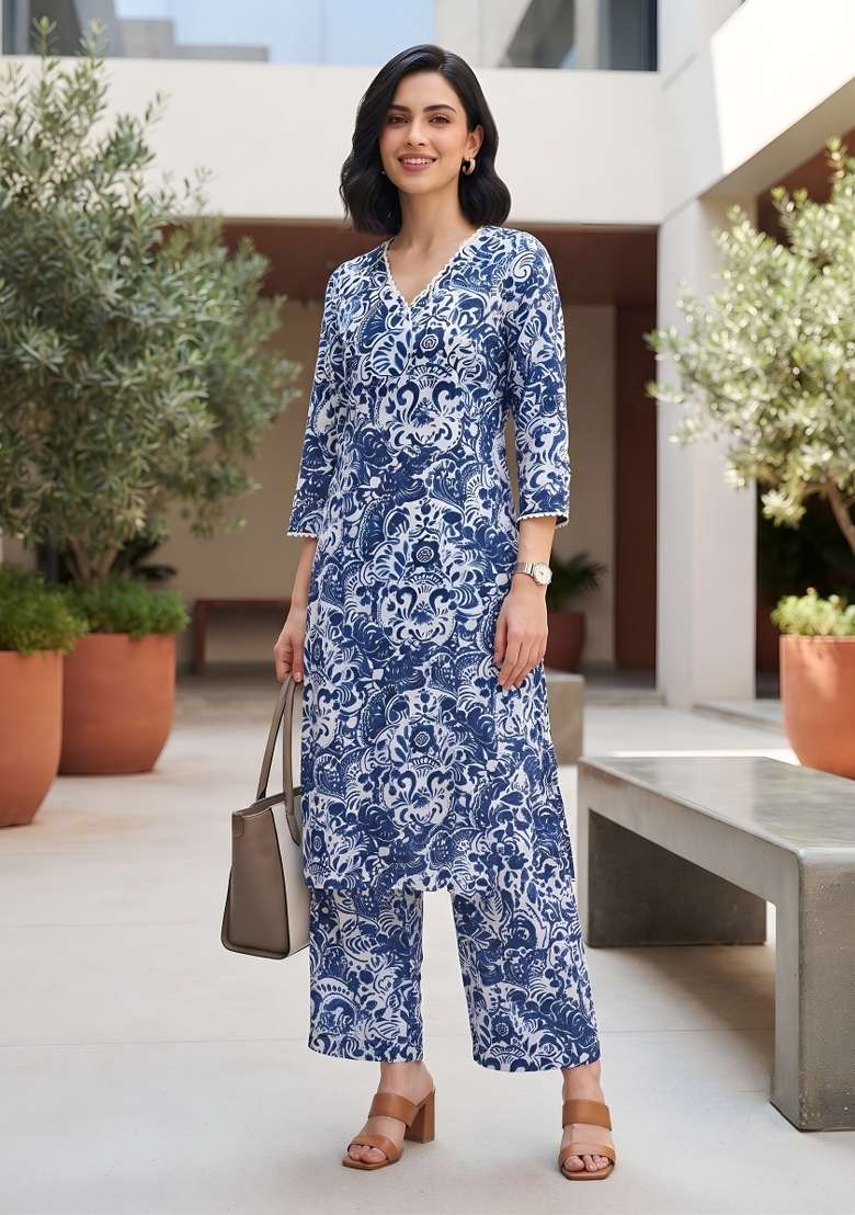Blue  Viscose Kurta Set - Indya