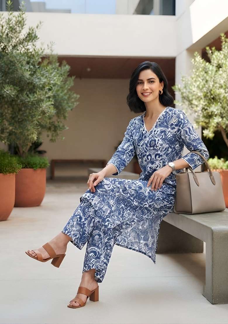 Blue  Viscose Kurta Set - Indya