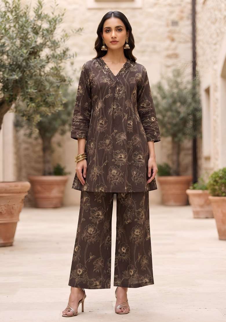 Brown  Cotton Kurta Set - Indya