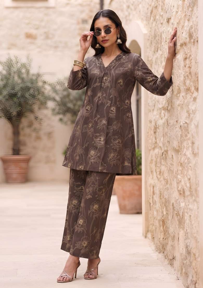 Brown  Cotton Kurta Set - Indya