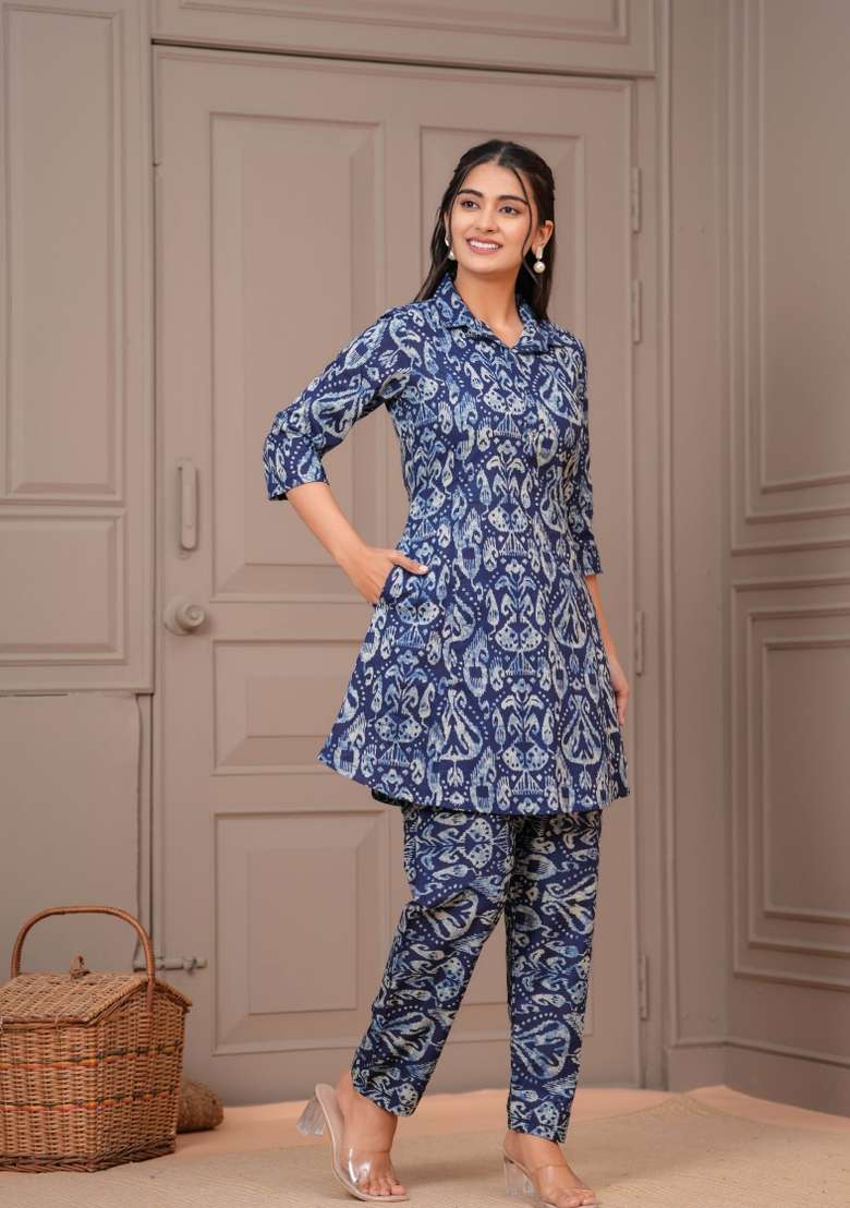 Navy Blue  Cotton Kurta Set - Indya