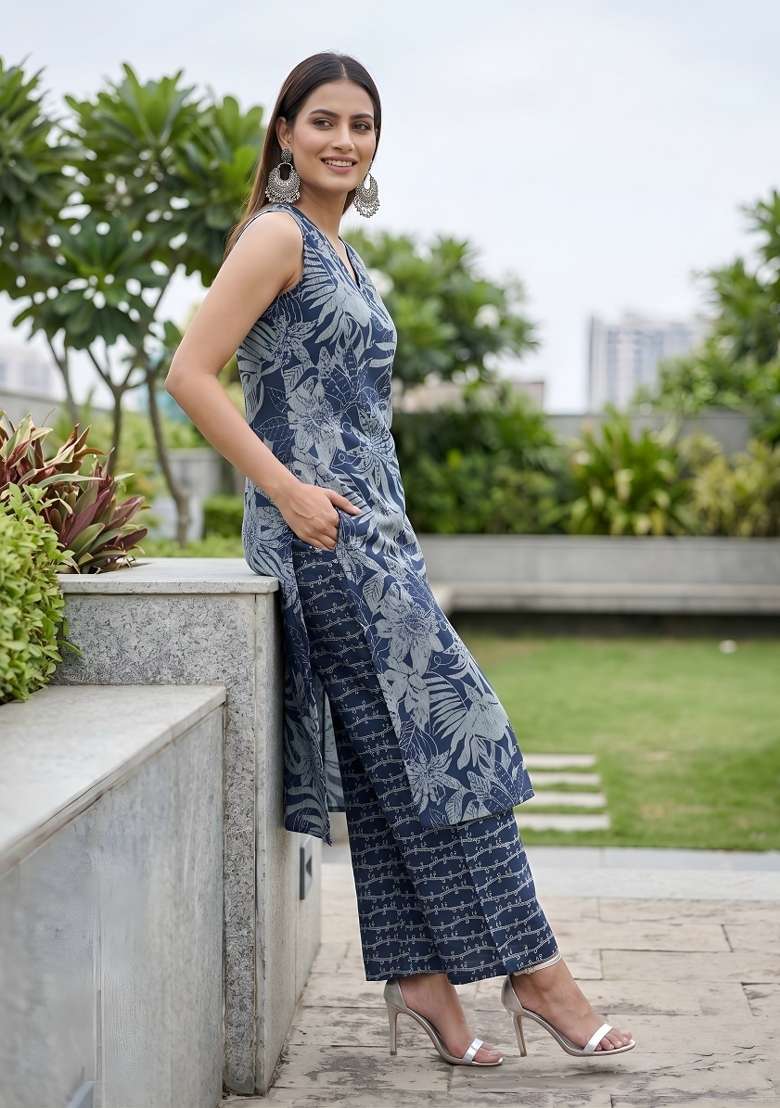 Blue  Cotton Kurta Set - Indya