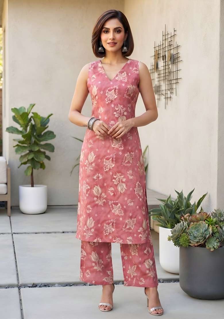 Pink  Cotton Kurta Set - Indya