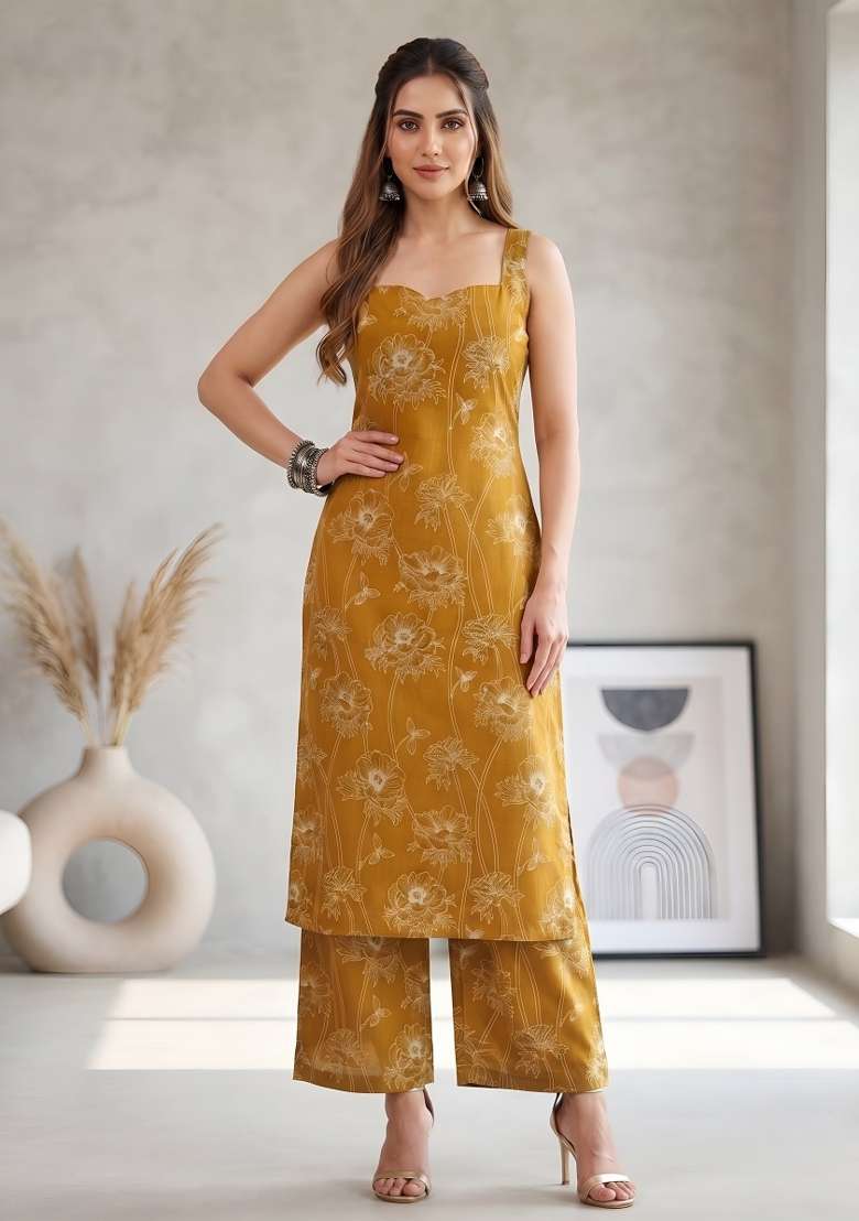 Mustard  Cotton Kurta Set - Indya