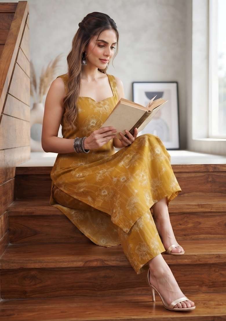 Mustard  Cotton Kurta Set - Indya