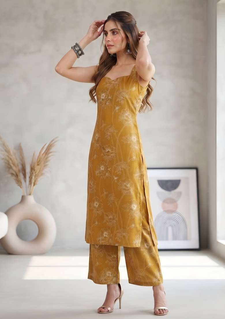 Mustard  Cotton Kurta Set - Indya