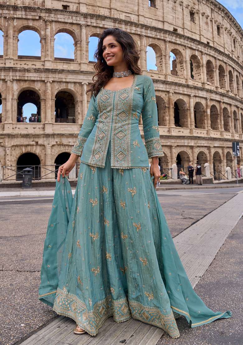 Teal Embroidery Vichitra Kurta Set - Indya