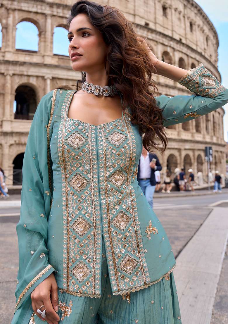 Teal Embroidery Vichitra Kurta Set - Indya