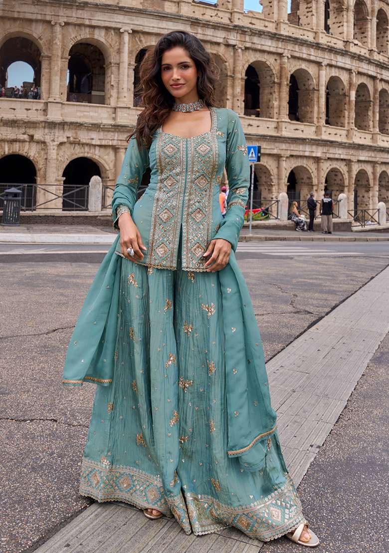 Teal Embroidery Vichitra Kurta Set - Indya