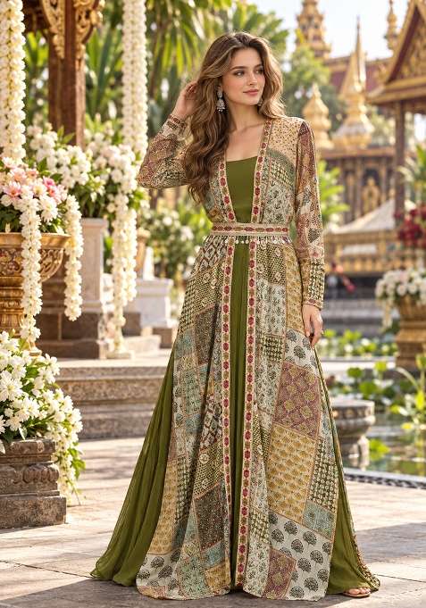 Olive Embroidery Silk Anarkali Set