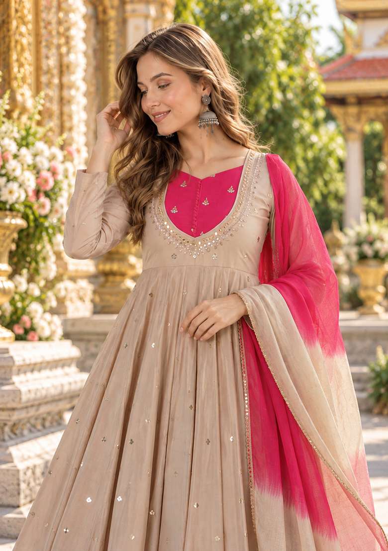 Beige Embroidery Silk Anarkali Set - Indya