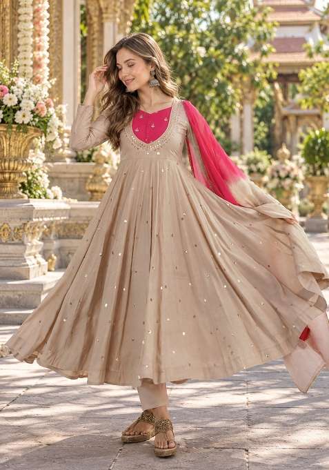 Beige Embroidery Silk Anarkali Set
