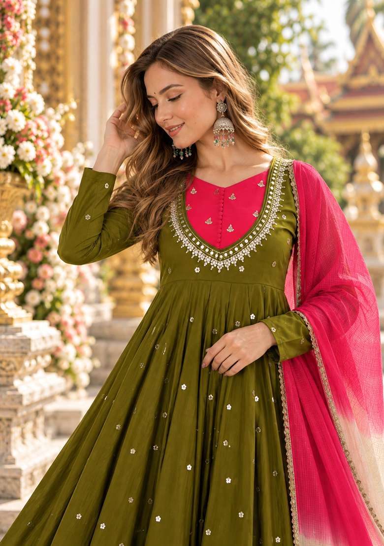 Dark Olive Embroidery Silk Anarkali Set - Indya