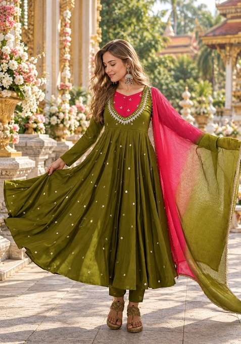 Dark Olive Embroidery Silk Anarkali Set