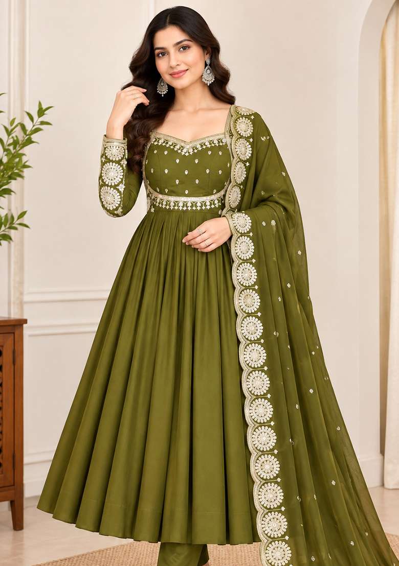 Dark Olive Embroidery Silk Anarkali Set - Indya