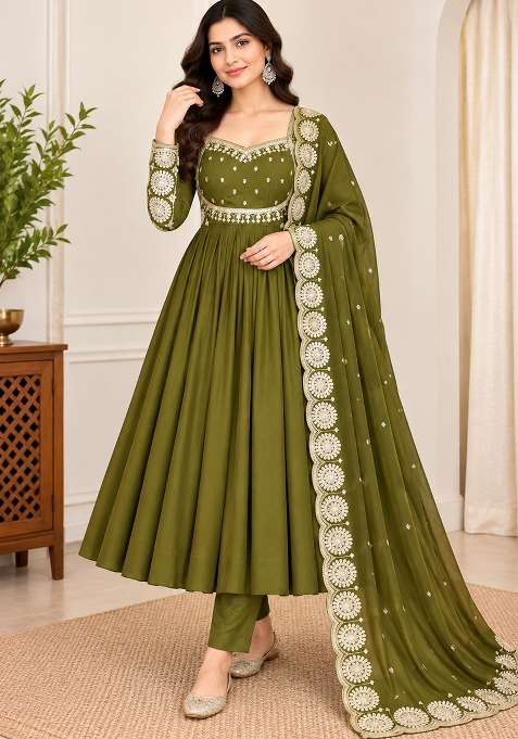 Dark Olive Embroidery Silk Anarkali Set