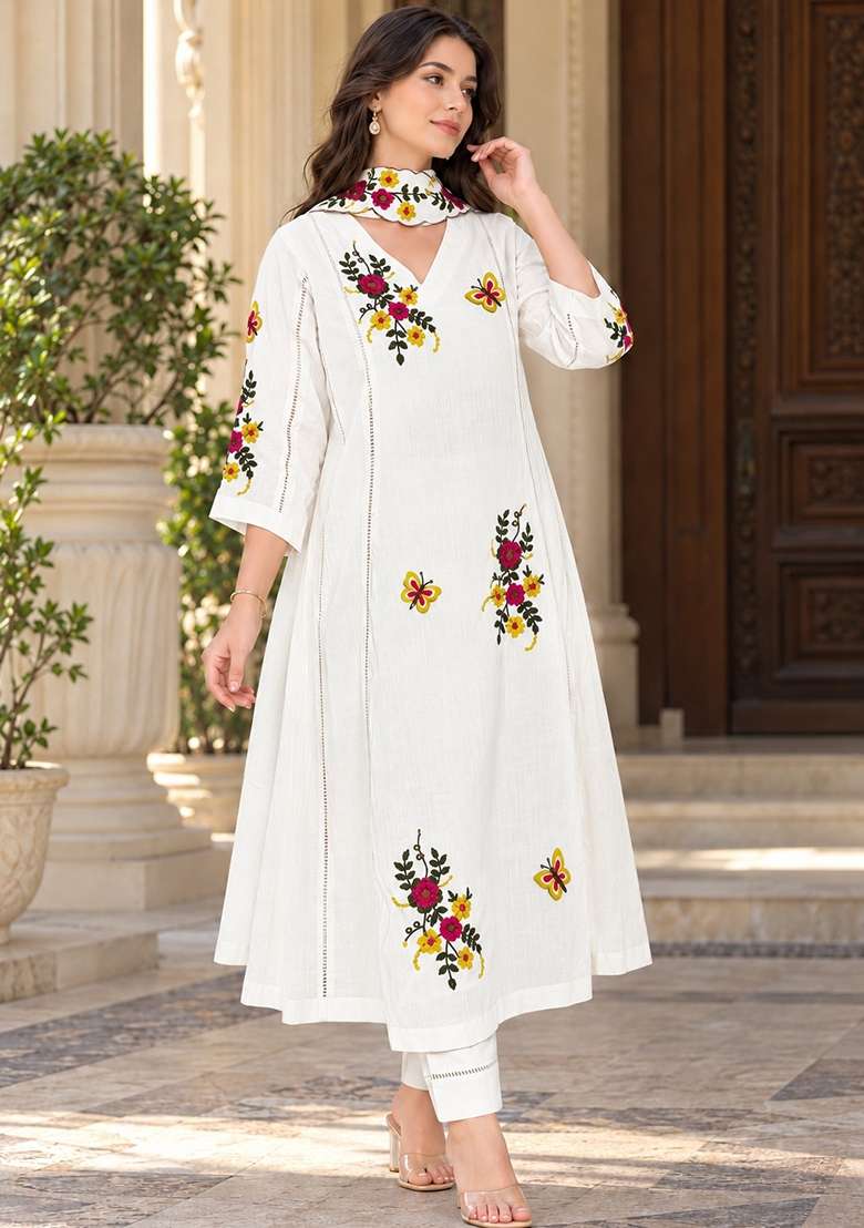 Cream Embroidered Silk Anarkali Set - Indya