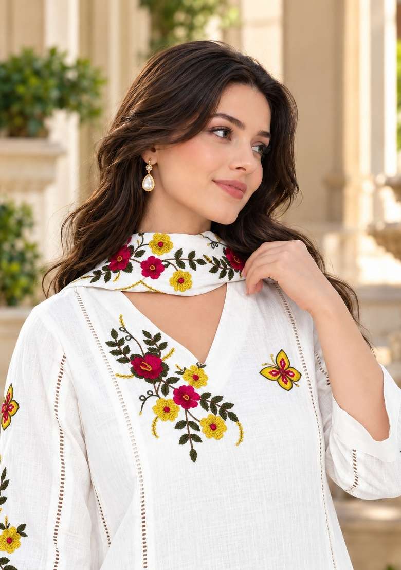 Cream Embroidered Silk Anarkali Set - Indya
