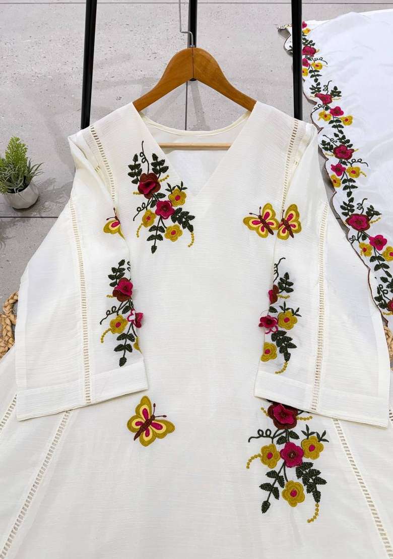 Cream Embroidered Silk Anarkali Set - Indya