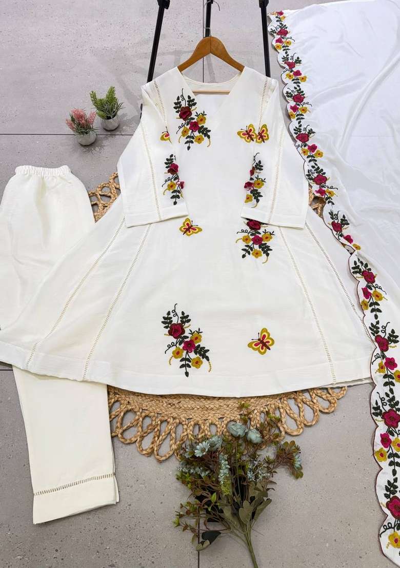 Cream Embroidered Silk Anarkali Set - Indya