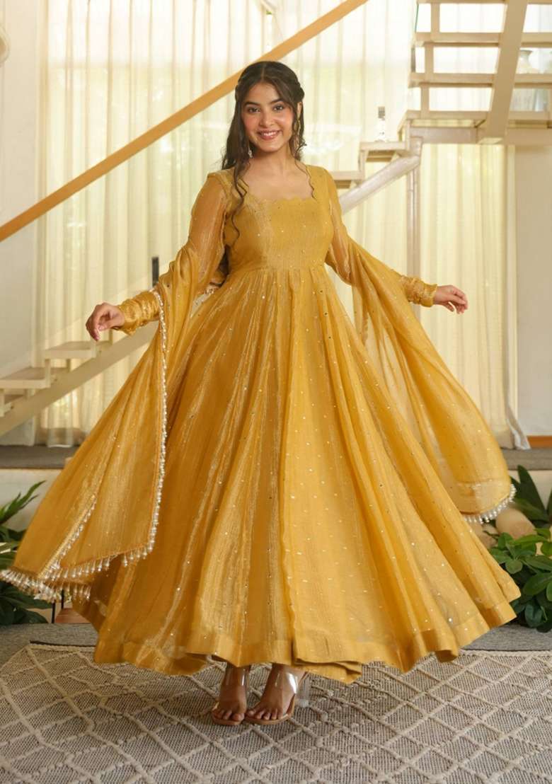 Peach Foil Work Silk Anarkali Set - Indya