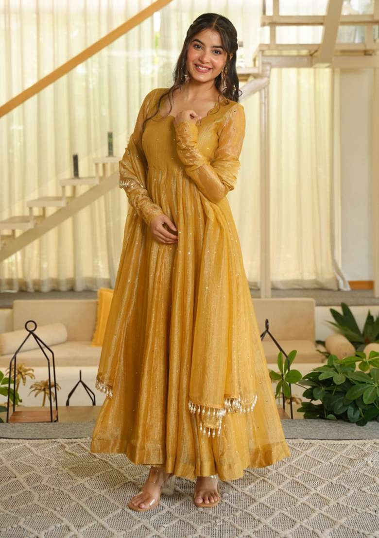 Peach Foil Work Silk Anarkali Set - Indya