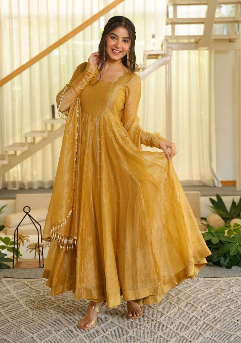 Peach Foil Work Silk Anarkali Set - Indya