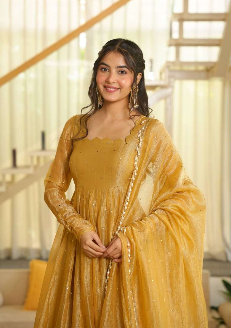 Peach Foil Work Silk Anarkali Set - Indya