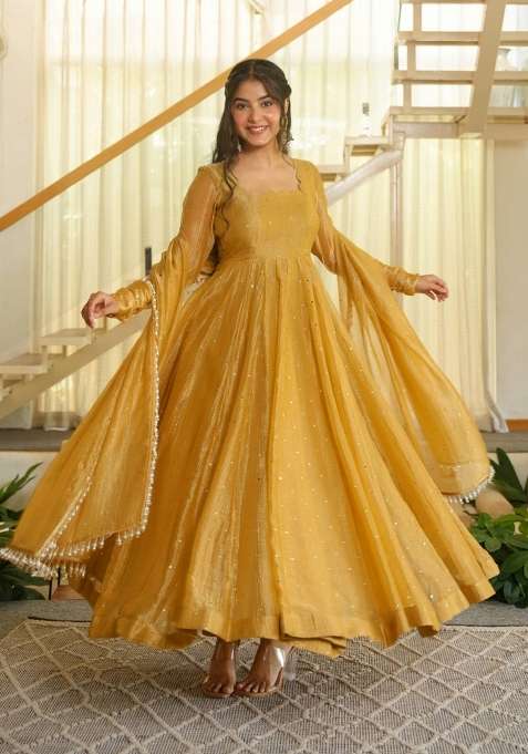 Peach Foil Work Silk Anarkali Set