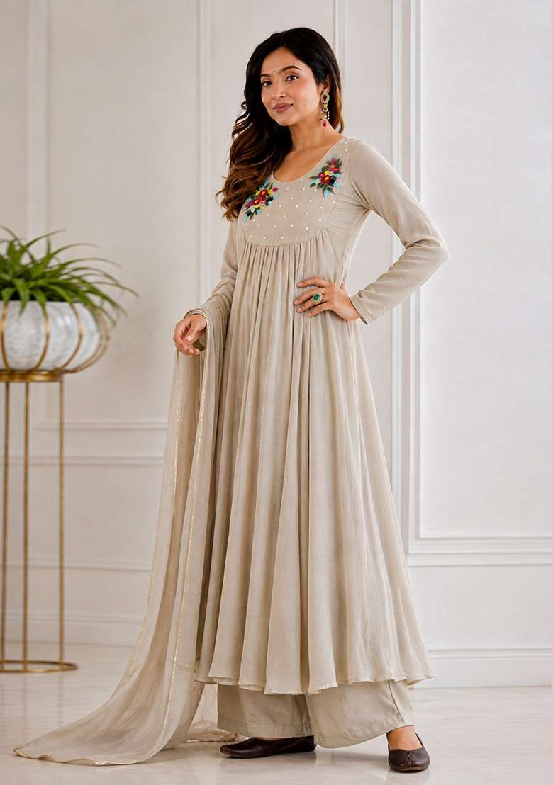 Beige Embroidered Chanderi Anarkali Set - Indya