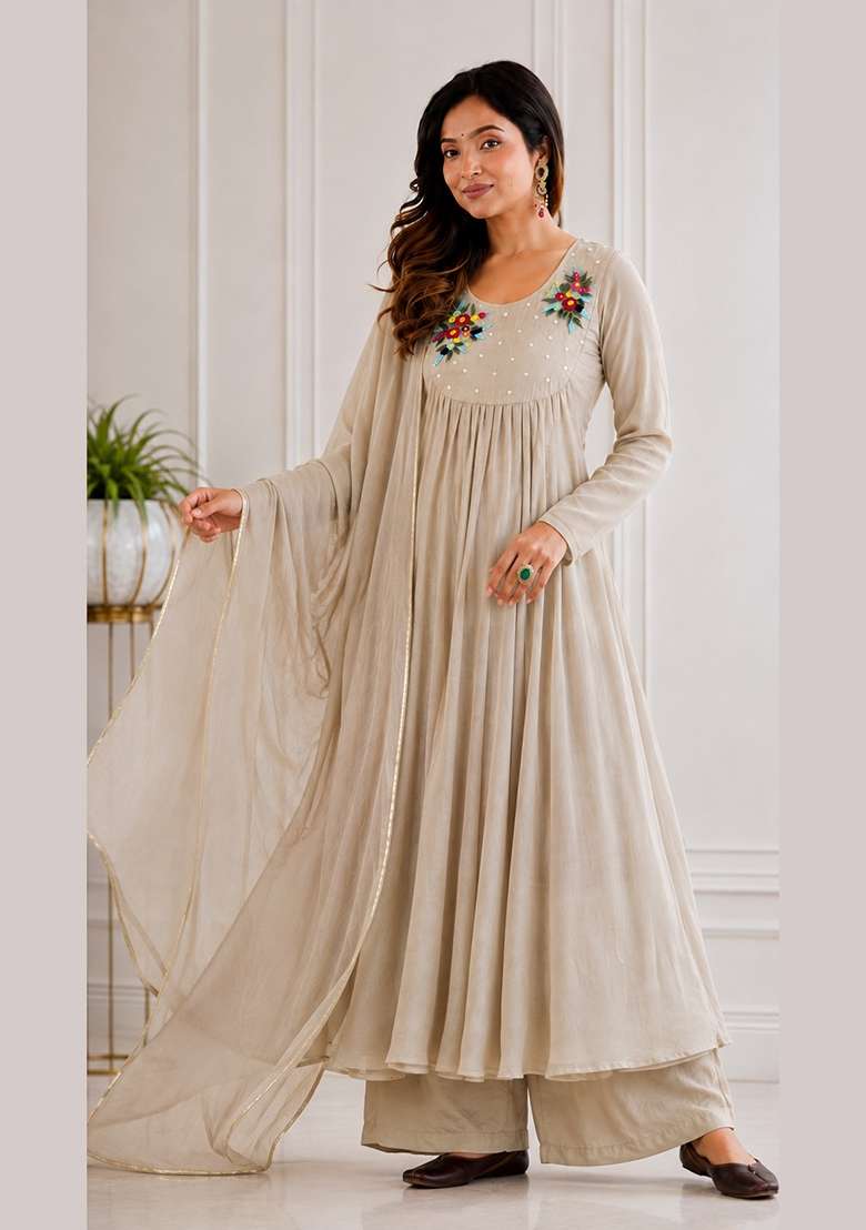 Beige Embroidered Chanderi Anarkali Set - Indya