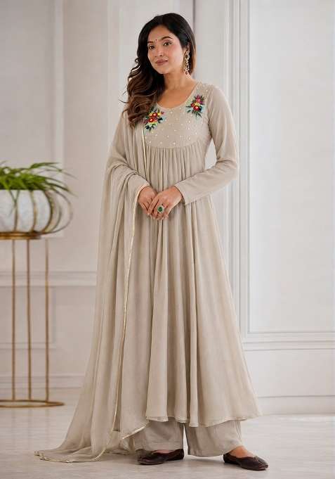 Beige Embroidered Chanderi Anarkali Set