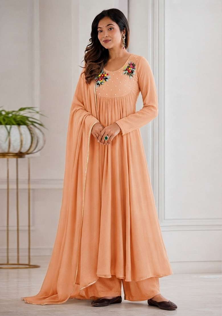 Peach Embroidered Chanderi Anarkali Set - Indya