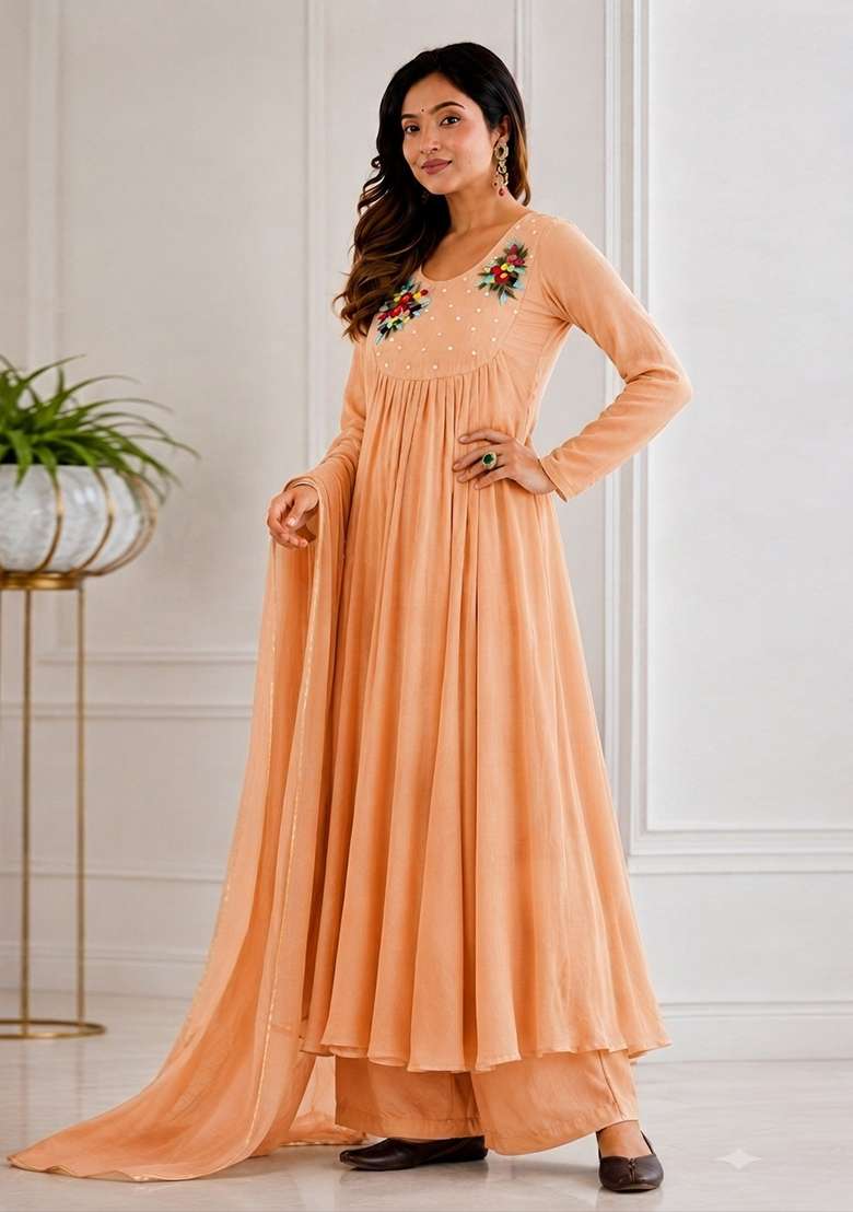 Peach Embroidered Chanderi Anarkali Set - Indya