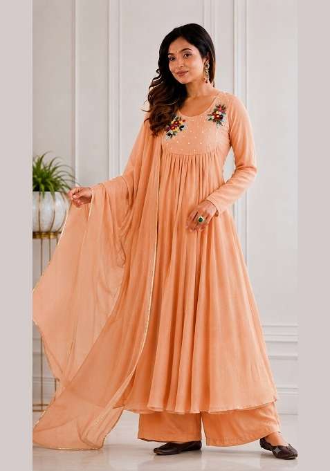 Peach Embroidered Chanderi Anarkali Set