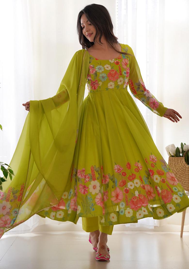 Parrot Green Floral Work Soft Organza Silk Anarkali Set
